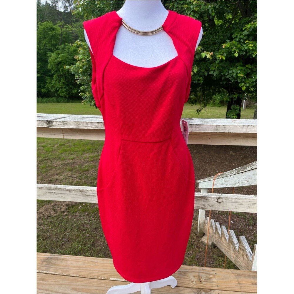 NWT $72 BISOU BISOU Michele Bahbot Vibrant Red Sleeveless Sheath Dress Gold